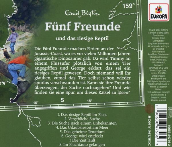 Rückseite eines Buches mit dem Titel Fünf Freunde, mit Text und Illustrationen.