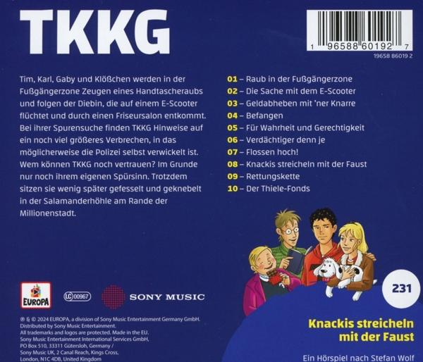 Rückseite eines TKKG-Hörbuchs mit Titel, Episodenliste und Illustrationen.