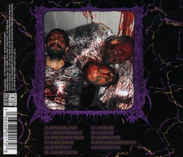 Albumcover mit Bildern von drei Gesichtern mit Blut.