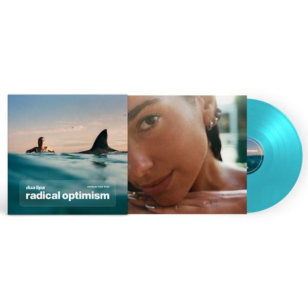 Dua Lipa Albumcover. Blaue Vinyl-Schallplatte. Frau im Wasser mit Haifischflosse.