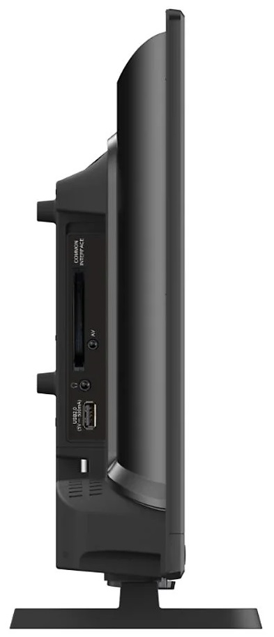 Widok z boku czarnego telewizora z portami i stojakiem. Zawiera porty USB, AV i interfejsu. Ekran jest czarny.
