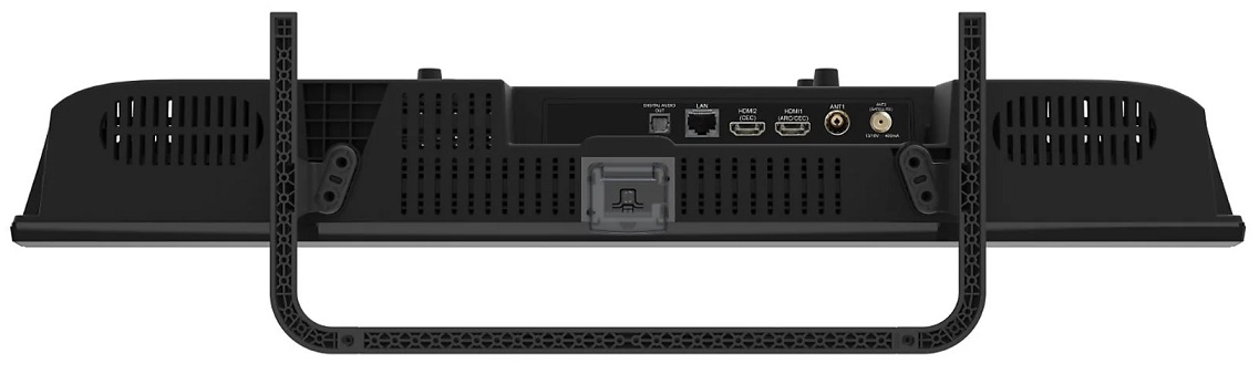 Tył czarnego telewizora z portami i stojakiem. Zawiera wejścia HDMI, LAN i antenowe oraz wentylację.