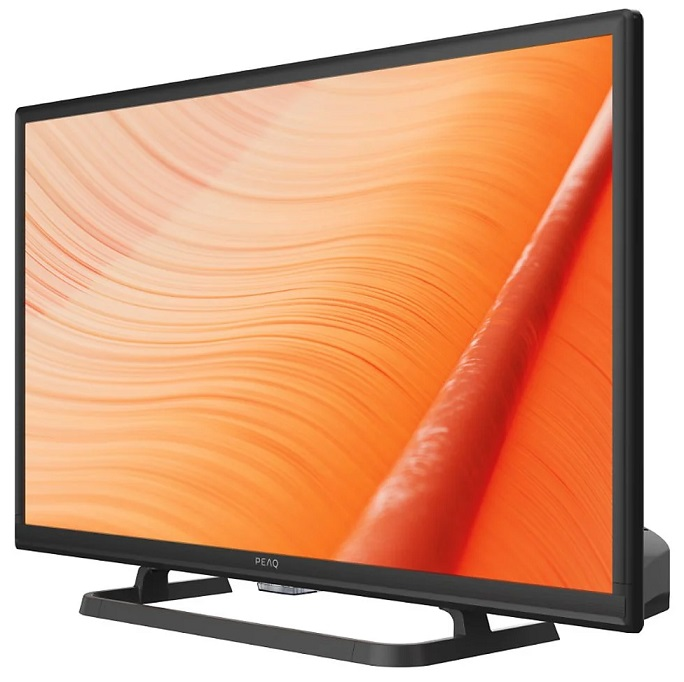 Telewizor z płaskim ekranem na stojaku. Ekran wyświetla pomarańczowe tło z czerwonym, teksturowanym elementem.