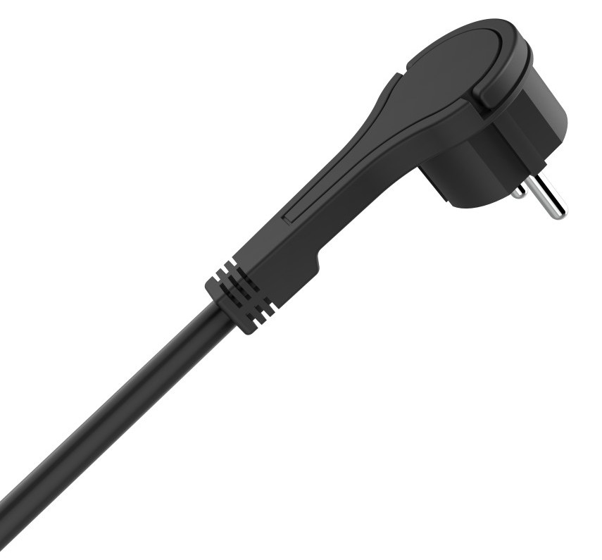 Czarna wtyczka z czarnym kablem, pod kątem na końcu wtyczki. Białe tło.