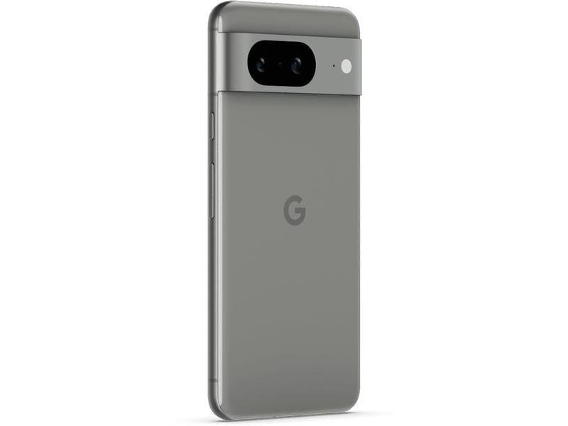 Ein graues Google Pixel 7 Telefon. Es hat eine Kameraleiste und ein G-Logo auf der Rückseite. Das Telefon befindet sich auf weißem Hintergrund.