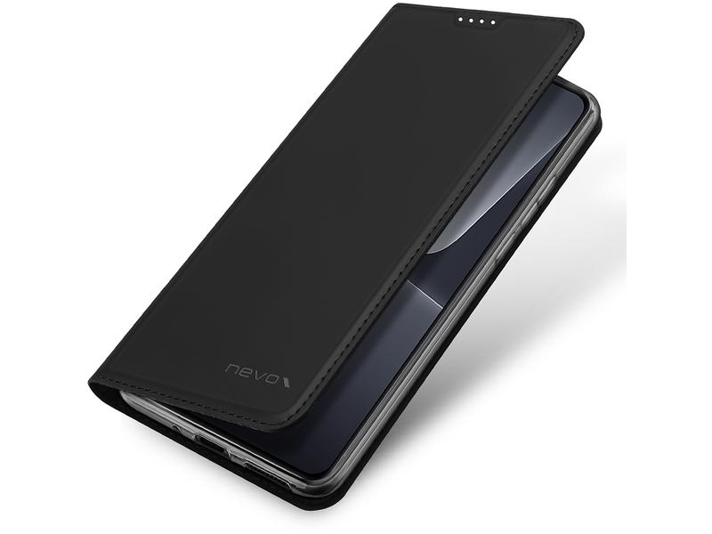 Étui de téléphone noir avec rabat ouvert, révélant le téléphone, sur blanc.