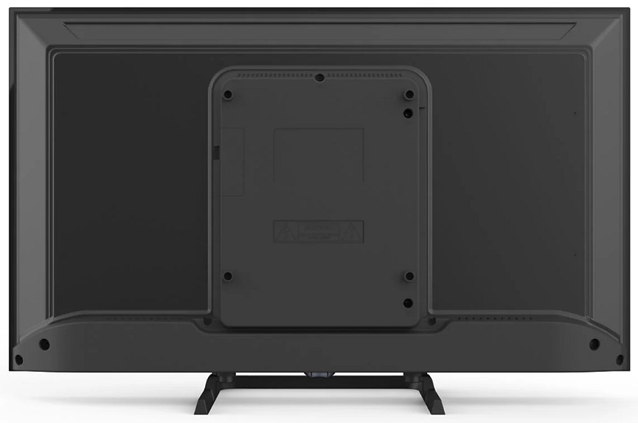 Tył czarnego telewizora z płaskim ekranem, pokazujący wspornik montażowy i podstawę.
