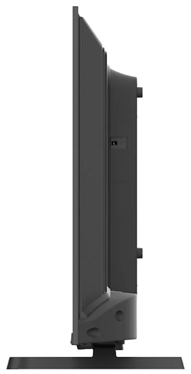 Widok z boku czarnego telewizora na stojaku, pokazujący profil boczny.