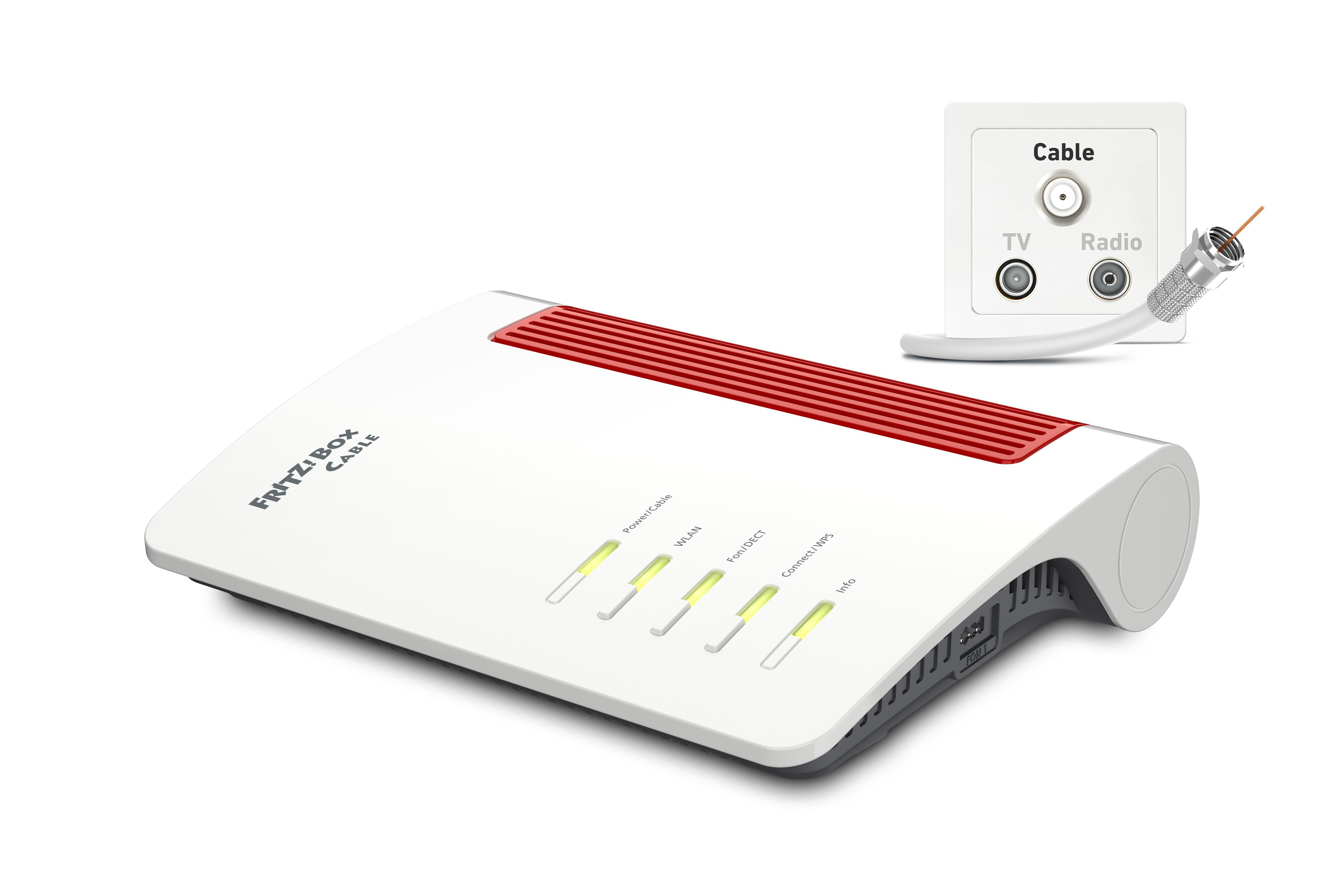 Weißer Router mit roten Akzenten, verbunden mit Kabel und Wandsteckdose.