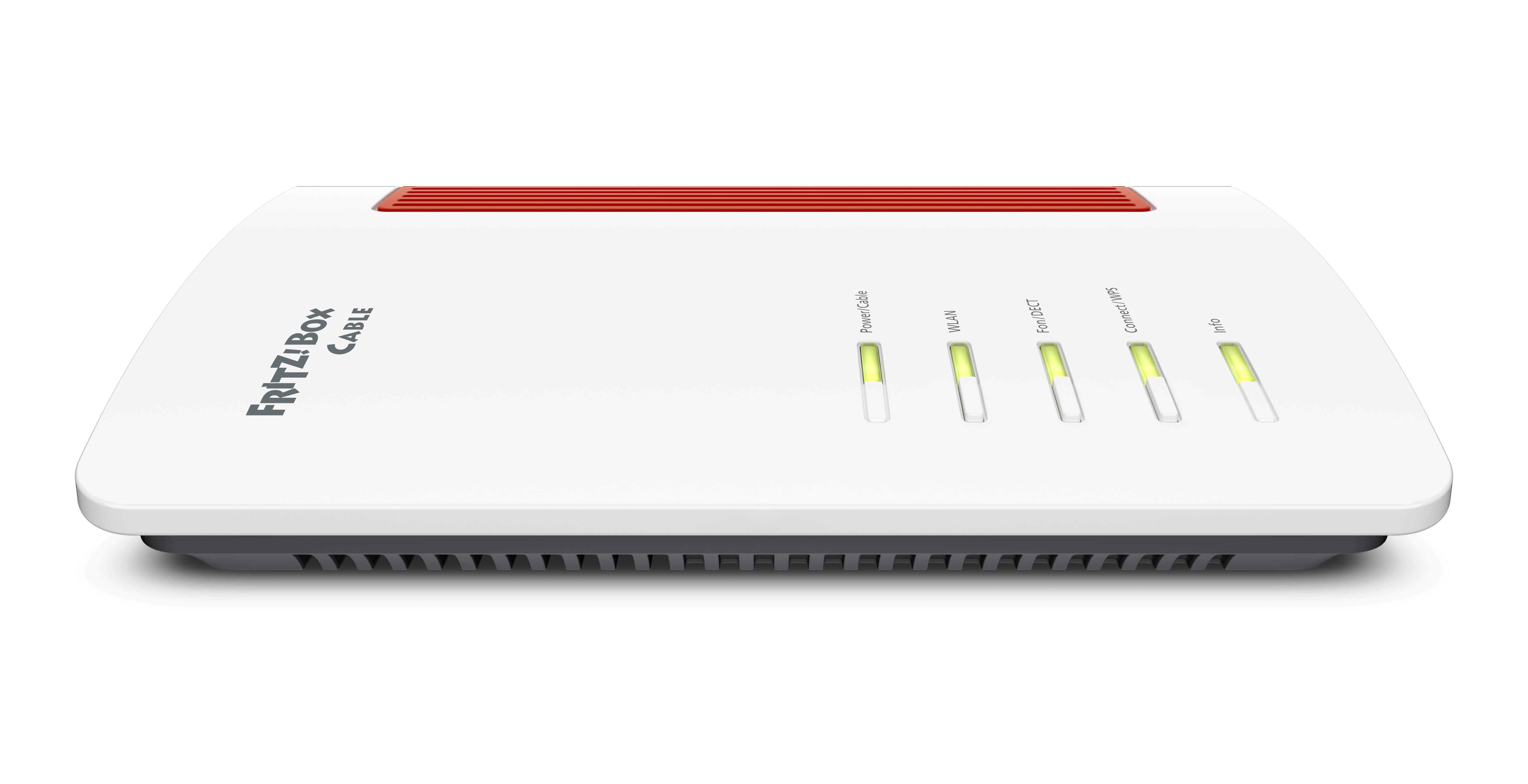 Weißes und rotes Modem mit grünen Lichtern. Text 'FRITZ!Box Cable' sichtbar.