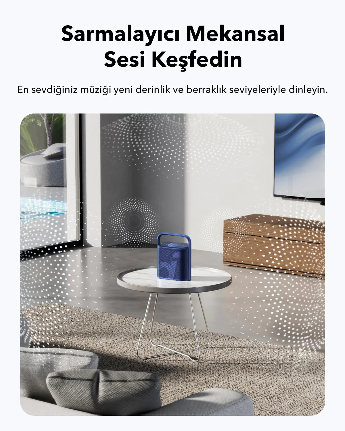 Yan sehpadaki mavi bir hoparlörle modern bir oturma odası. Işık huzmesi efekti görülebilir.