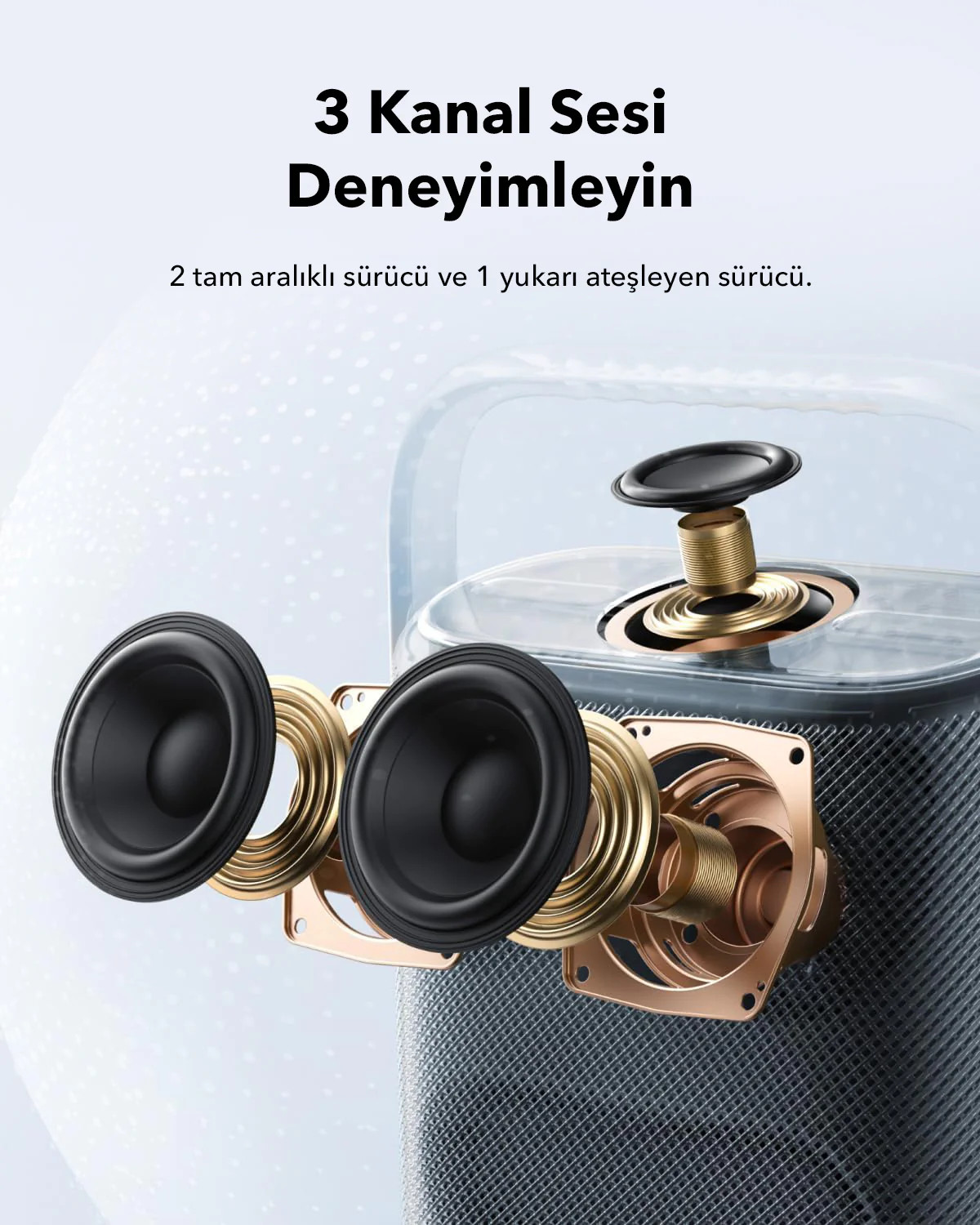 Hoparlörün bileşenlerini gösteren patlama görünümü.