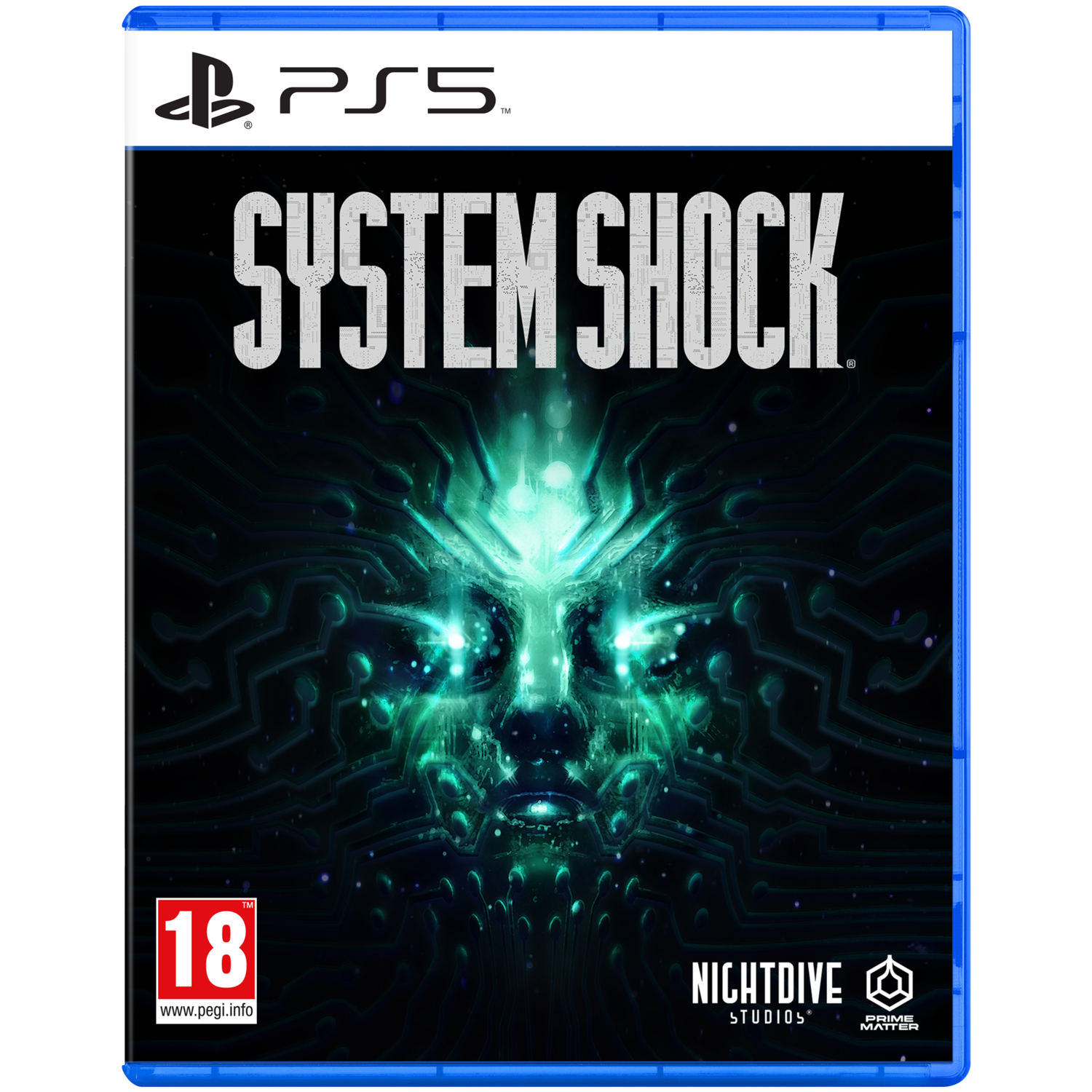 PS5 gamebox, 'System Shock' titel, een oplichtend groen gezicht op donkere achtergrond. PEGI 18.