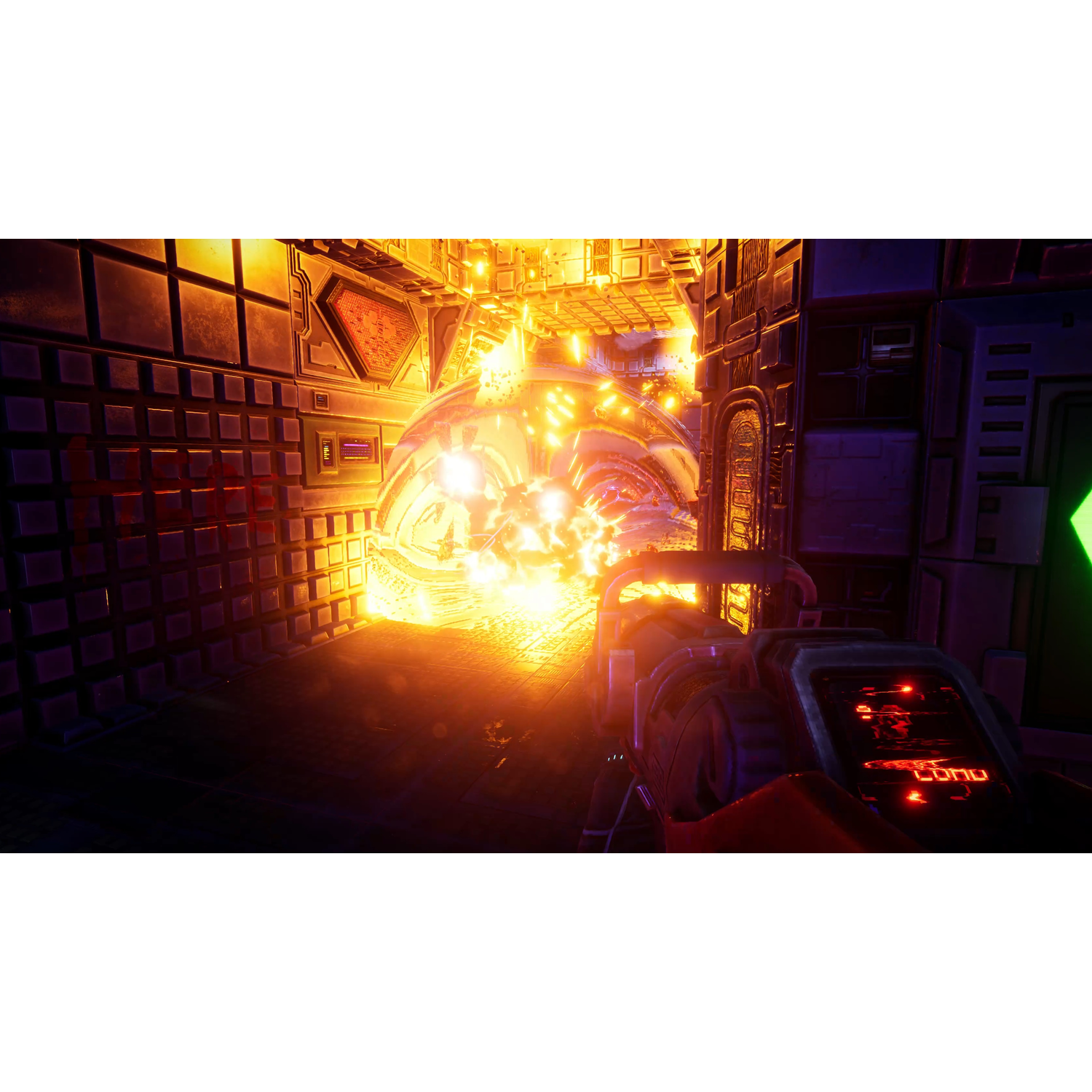 In een game. Een rood wapen op de voorgrond. Heldere explosies op de achtergrond.