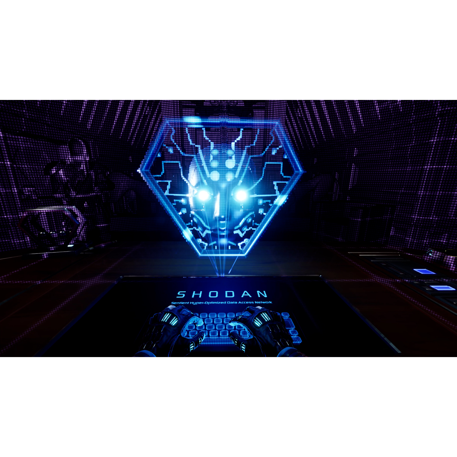 Futuristische interface met een digitaal gezicht en toetsenbord.