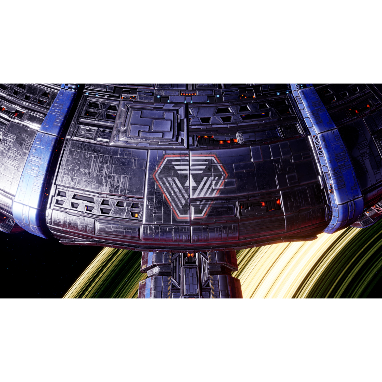 Een futuristisch ruimteschip met een grote, cirkelvormige structuur en een logo.