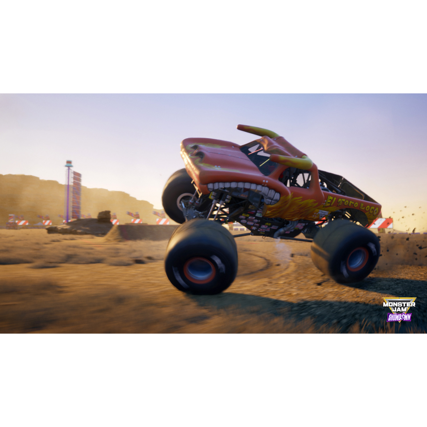 Monster Jam truck El Toro Loco springt op een zandbaan, in een buitensituatie.