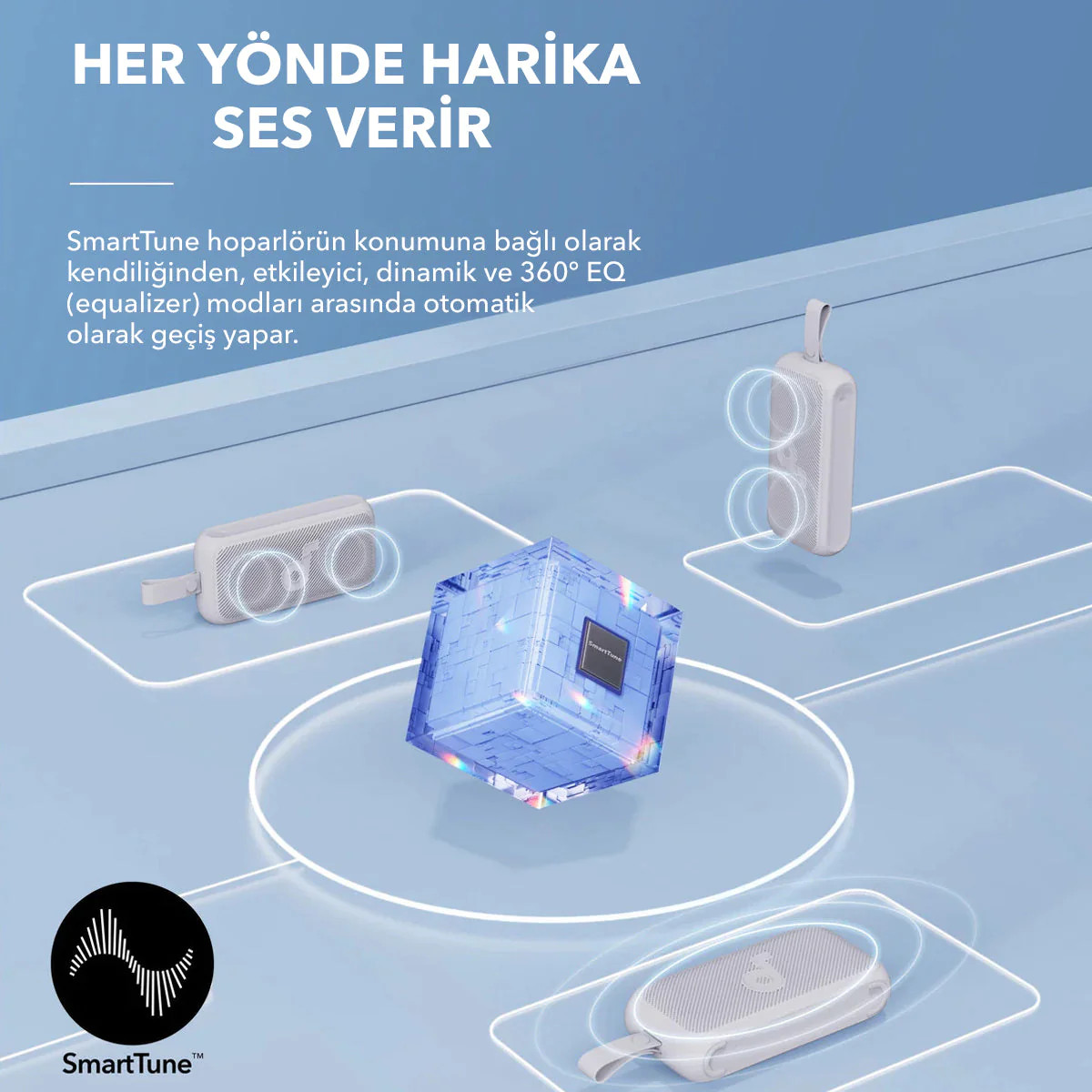 Çeşitli beyaz ve mavi SmartTune hoparlörleri, merkezi mavi küp hoparlör tasarımıyla sergileniyor.