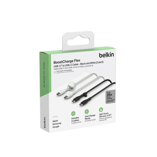 İki USB-C - USB-C kablosu içeren Belkin BoostCharge Flex kutusu. Kutu beyaz ve yeşildir.