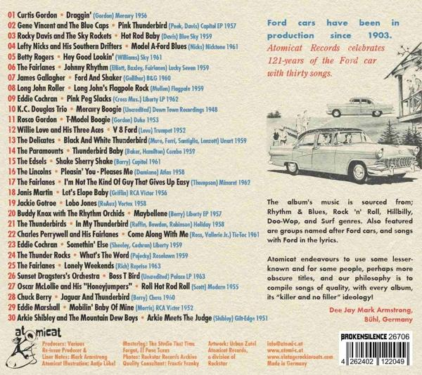 Albumcover mit Songliste, Ford-Autos und Text. Fokus auf Ford-Autos und Musik.