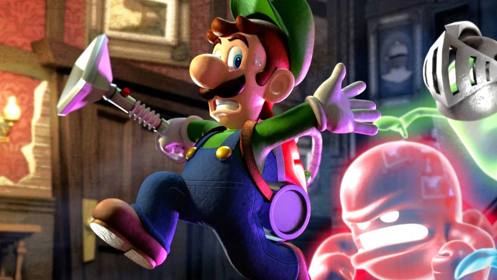 Luigi from Luigi's Mansion game running from ghosts.