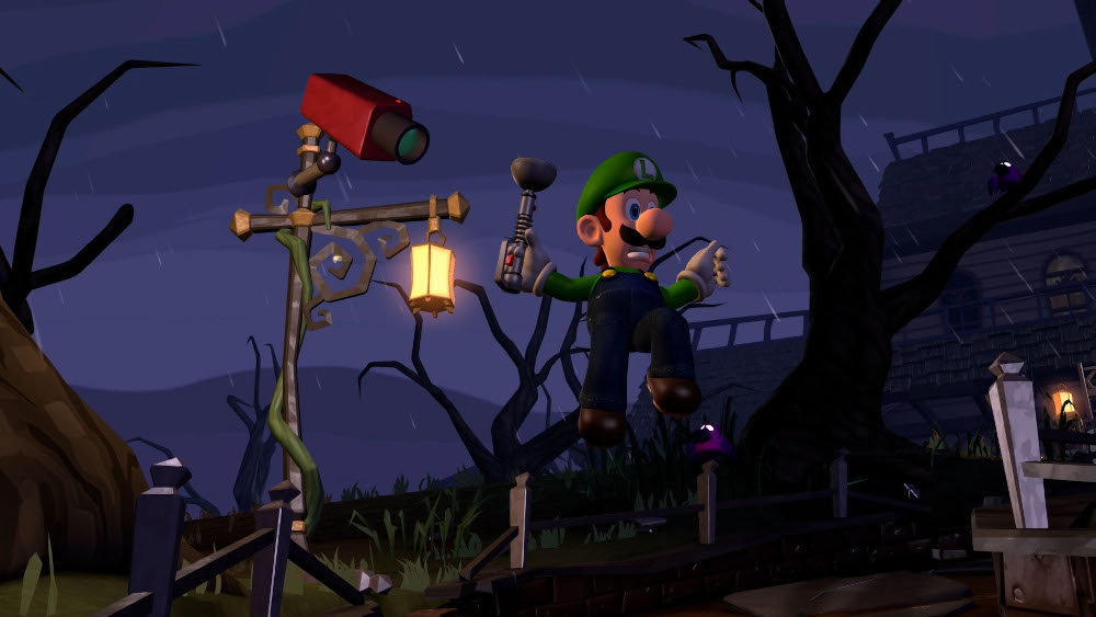 Luigi from a video game jumps over a sign. It's a spooky, night setting.