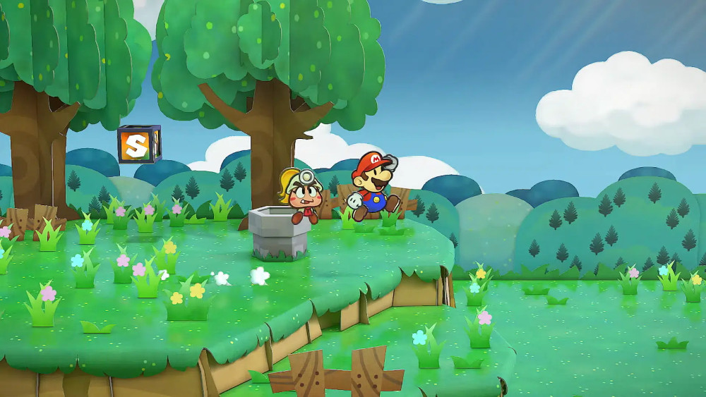 Tekenscène met Mario en een personage bij een put. Bomen, gras en lucht op de achtergrond.