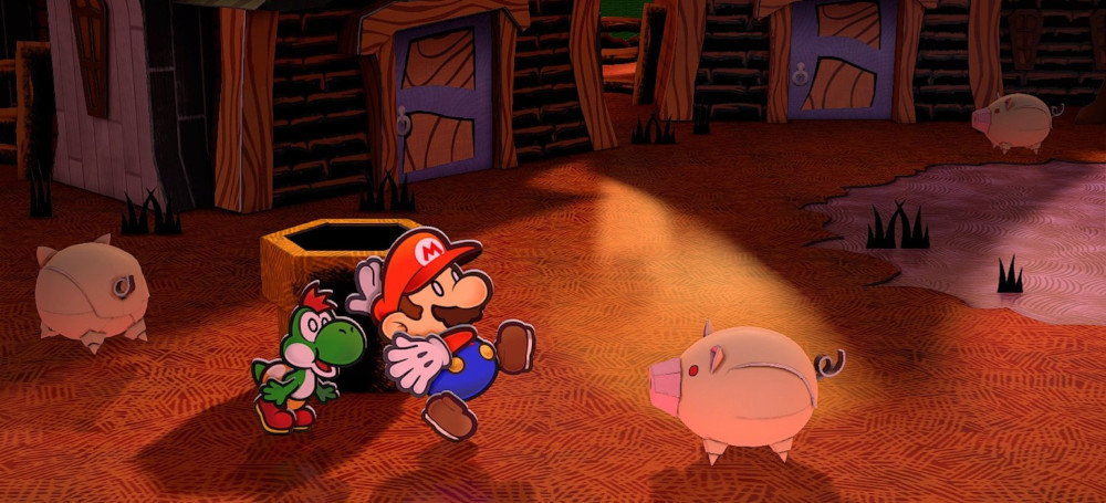 Mario en Yoshi in een cartoonomgeving met papieren varkens en houten structuren.