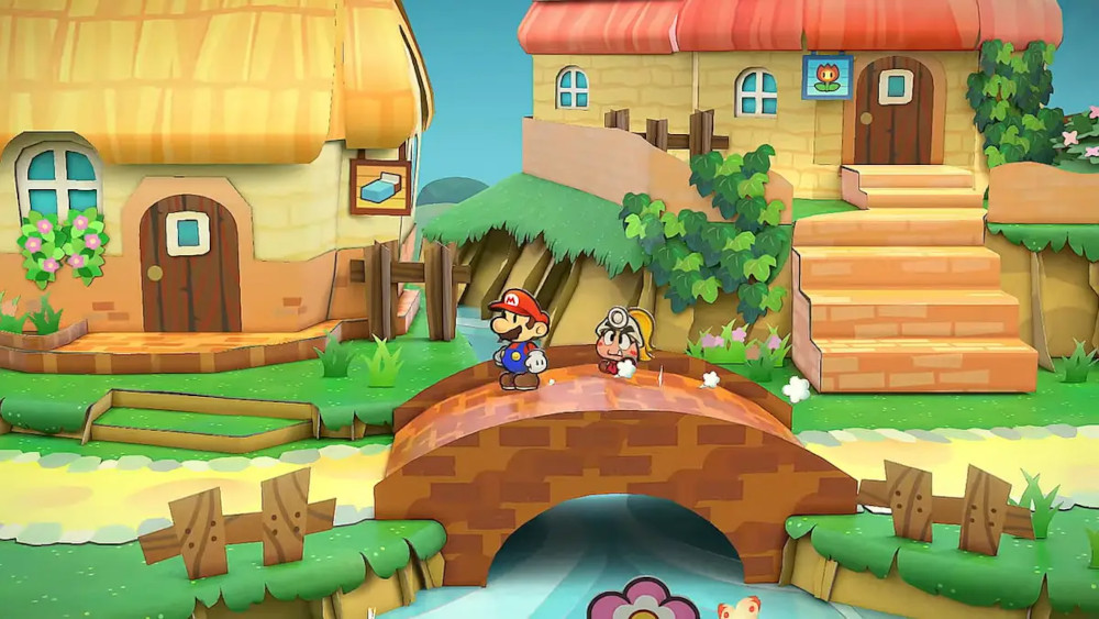 Een videogame scène met Mario, een personage en een brug in een kleurrijke cartoonstad.