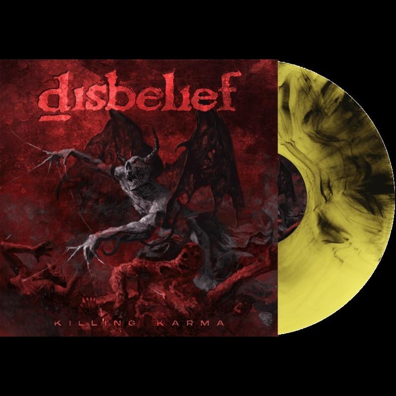 Albumcover mit dämonenartiger Figur und Text. Vinyl-Schallplatte mit gelb-schwarzem Wirbel.