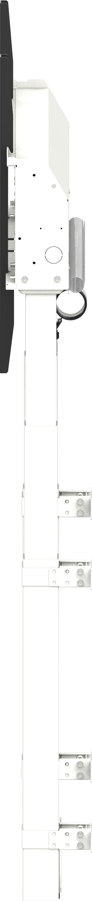 Hoher weißer Antennenmast mit mehreren Abschnitten, Seitenansicht.