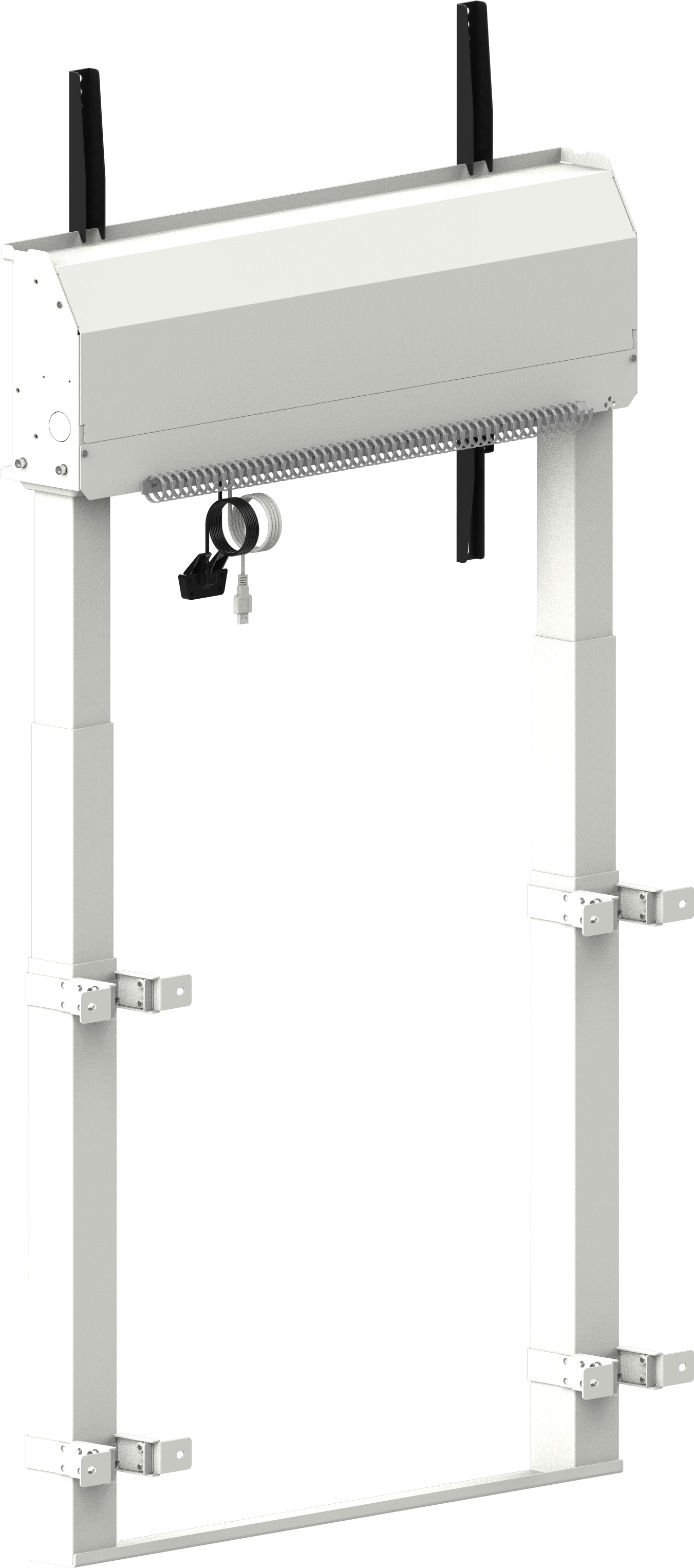 Weiße Projektorleinwand mit zwei vertikalen Pfosten und einer weißen Box oben, mit schwarzen Kabeln.