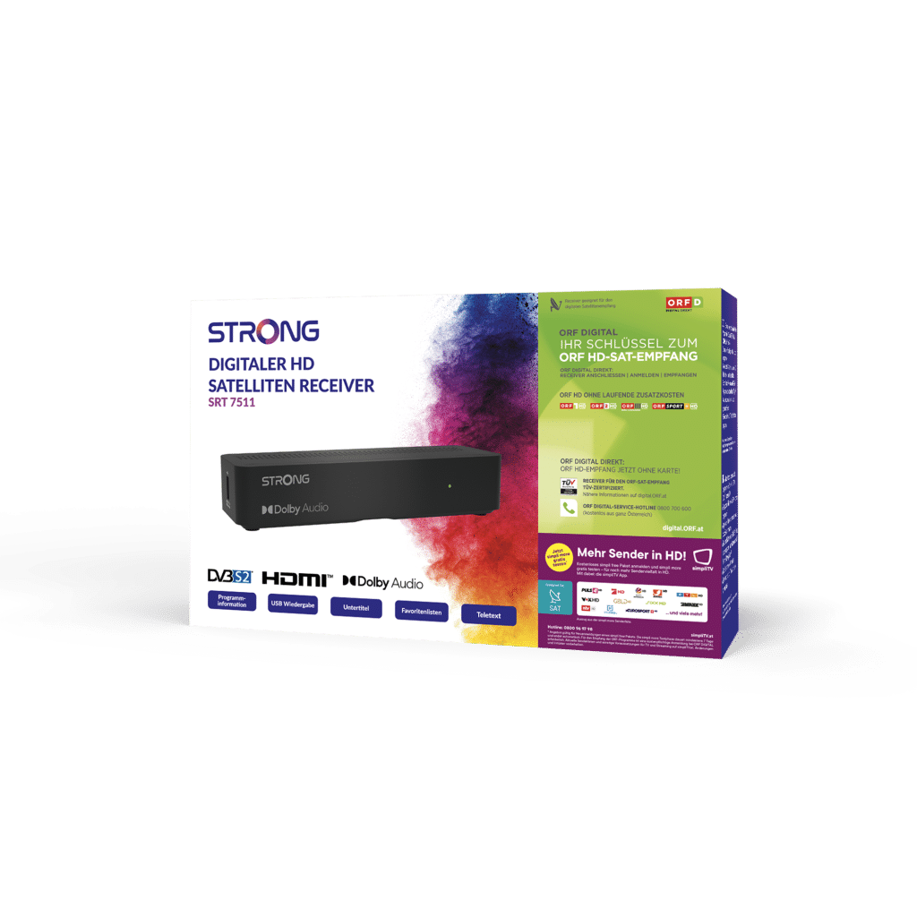 Ein digitaler Satellitenreceiver in einer Box mit Text und Logos.