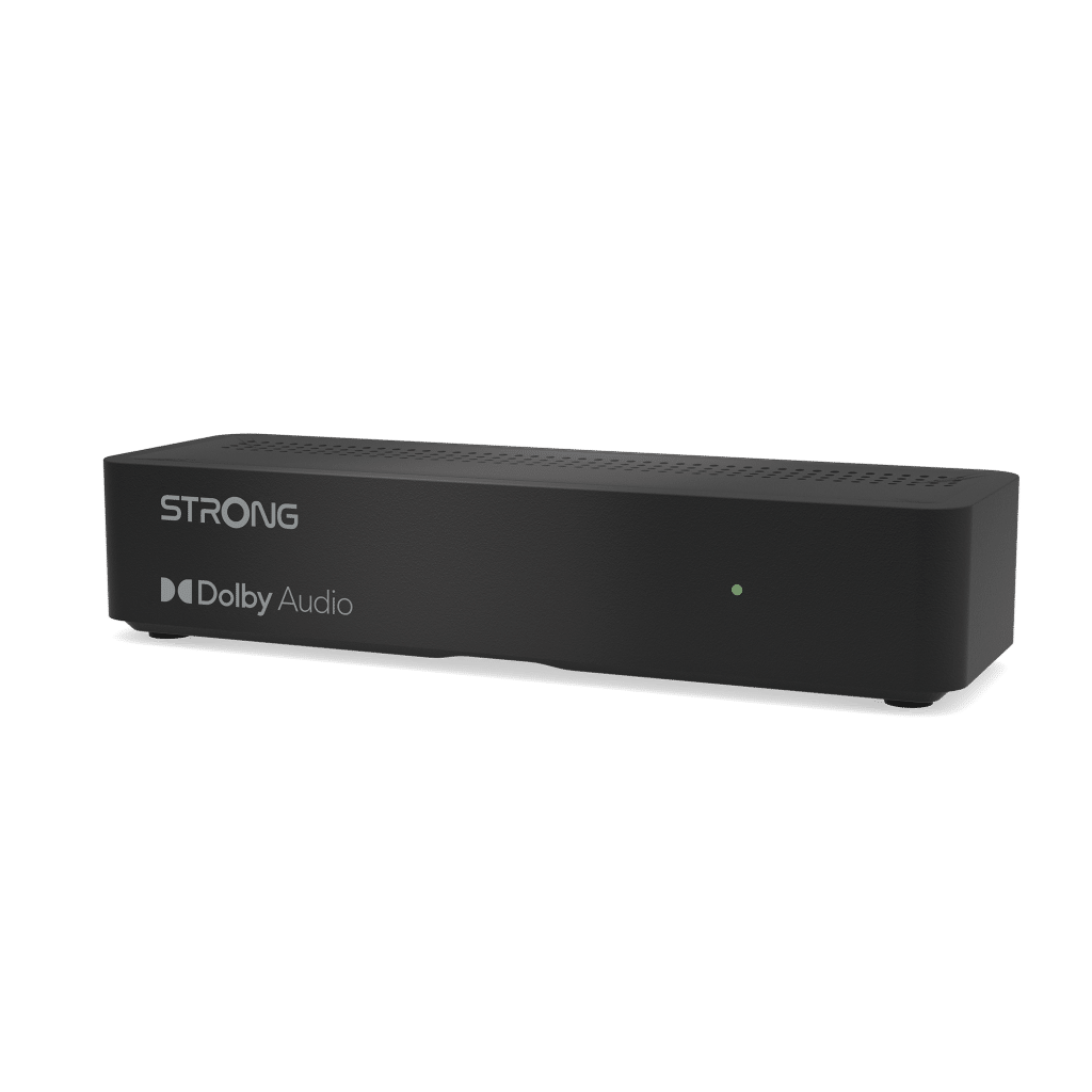 Ein schwarzer digitaler Strong-Receiver mit dem Dolby Audio-Logo auf der Vorderseite.