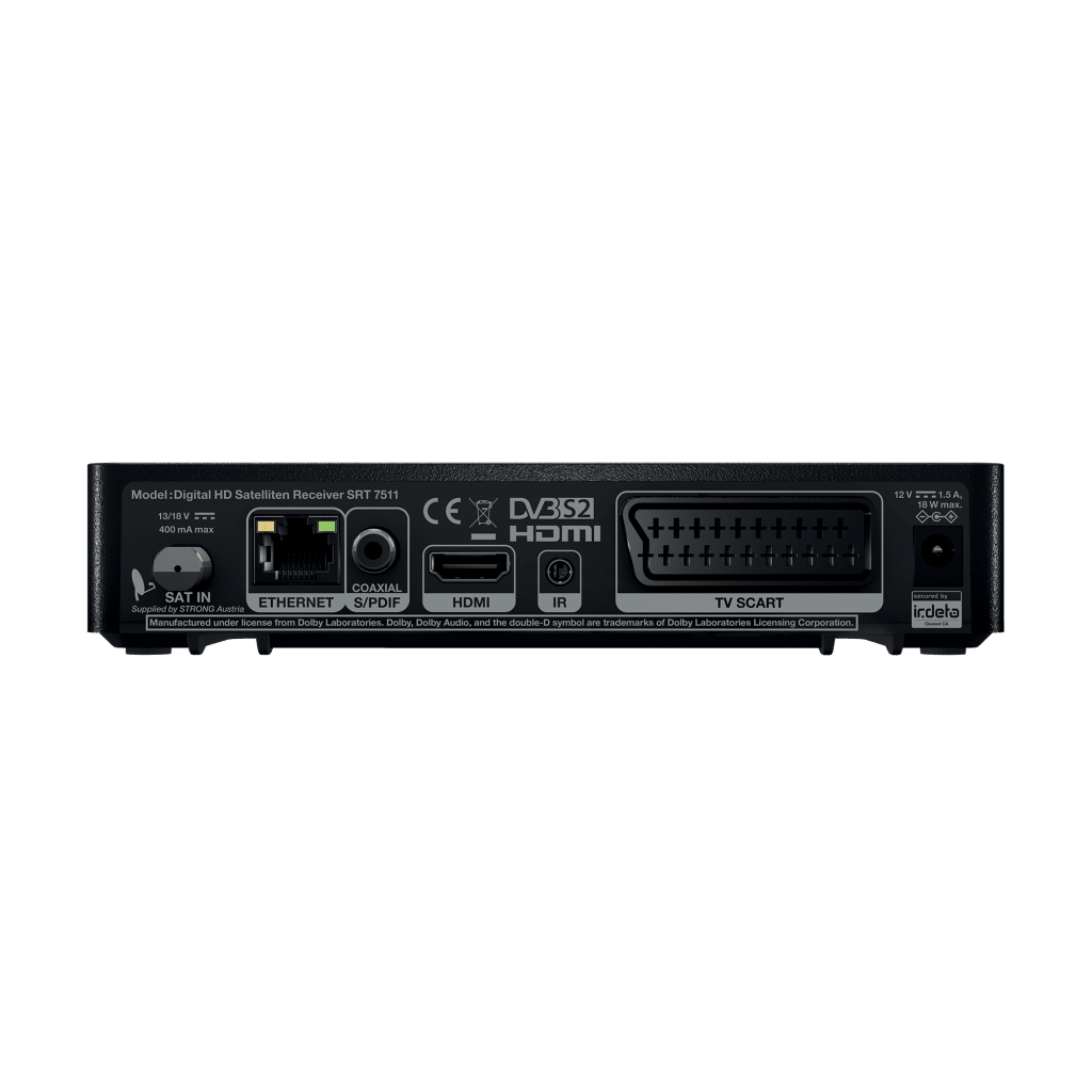 Rückansicht eines schwarzen digitalen HD-Satellitenreceivers mit verschiedenen Anschlussports und Beschriftungen.