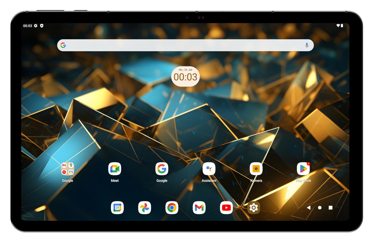 Czarny tablet wyświetlający kolorowe tło, z ikonami aplikacji na dole.