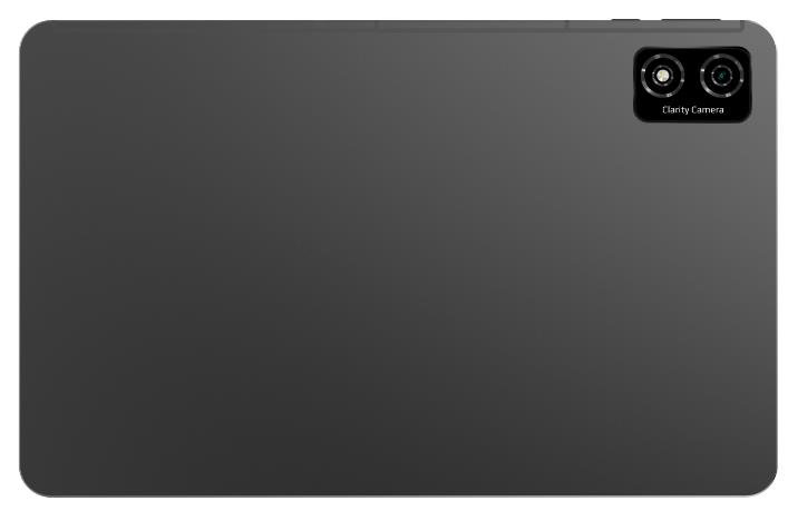 Tablet z podwójnym aparatem z tyłu i napisem "Clarity Camera".