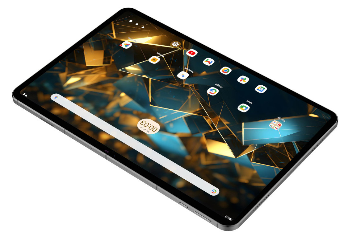 Tablet z dużym ekranem, pokazujący interfejs użytkownika z ikonami aplikacji.