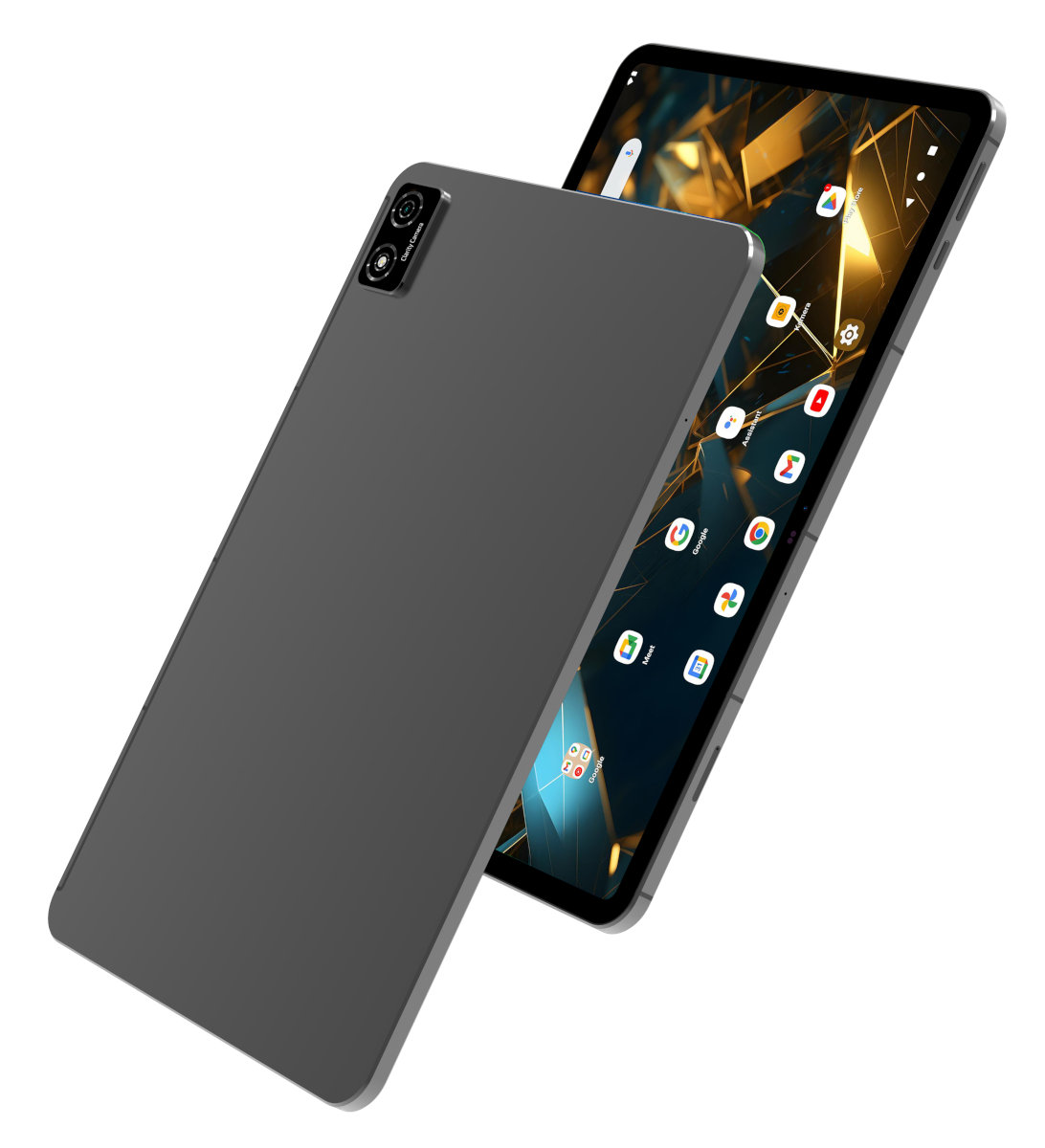 Dwa szare tablety, jeden pochylony, z ekranem wyświetlającym ikony. Białe tło.