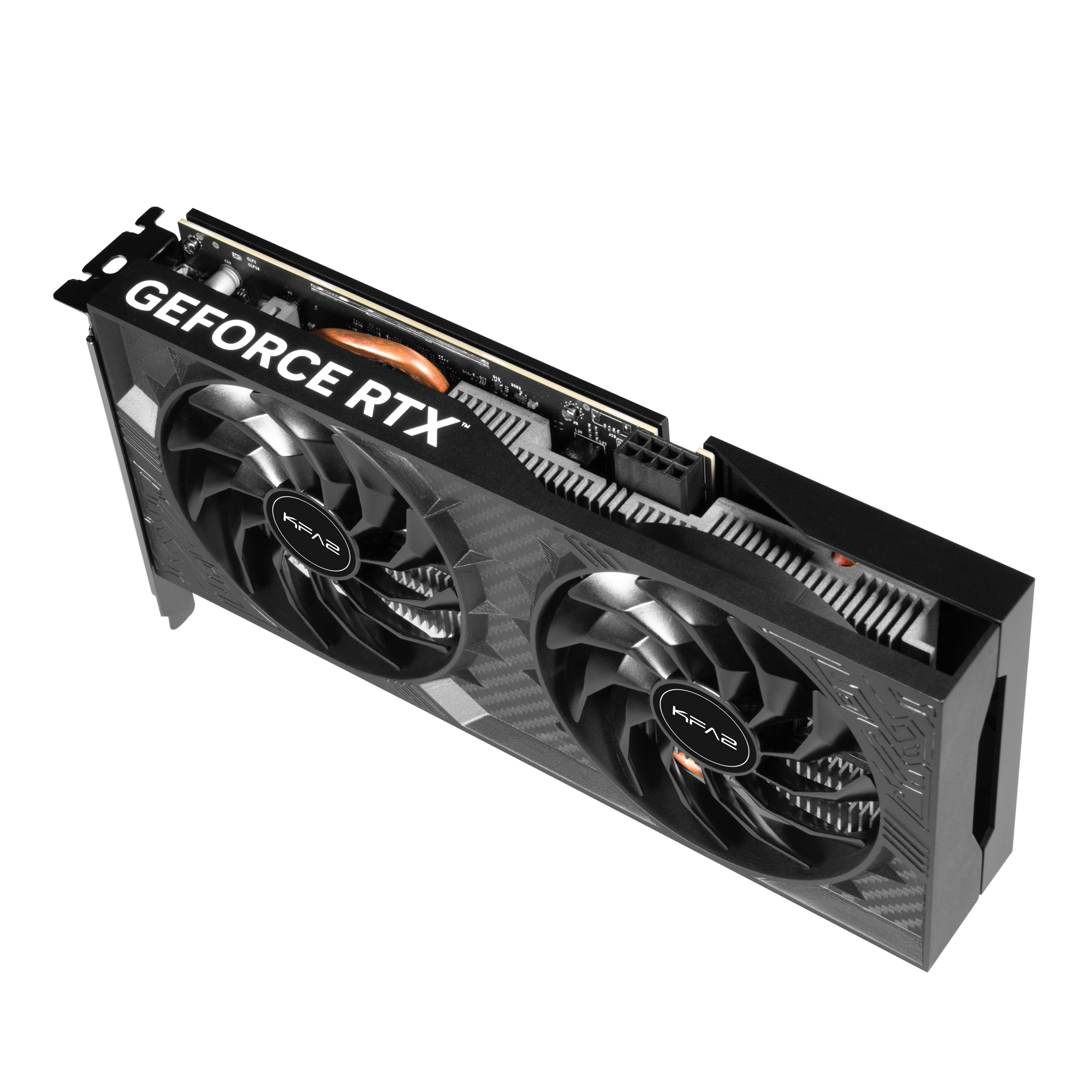Eine KFA2 GeForce RTX Grafikkarte mit zwei Lüftern, die ihr Design auf weißem Hintergrund zeigt.