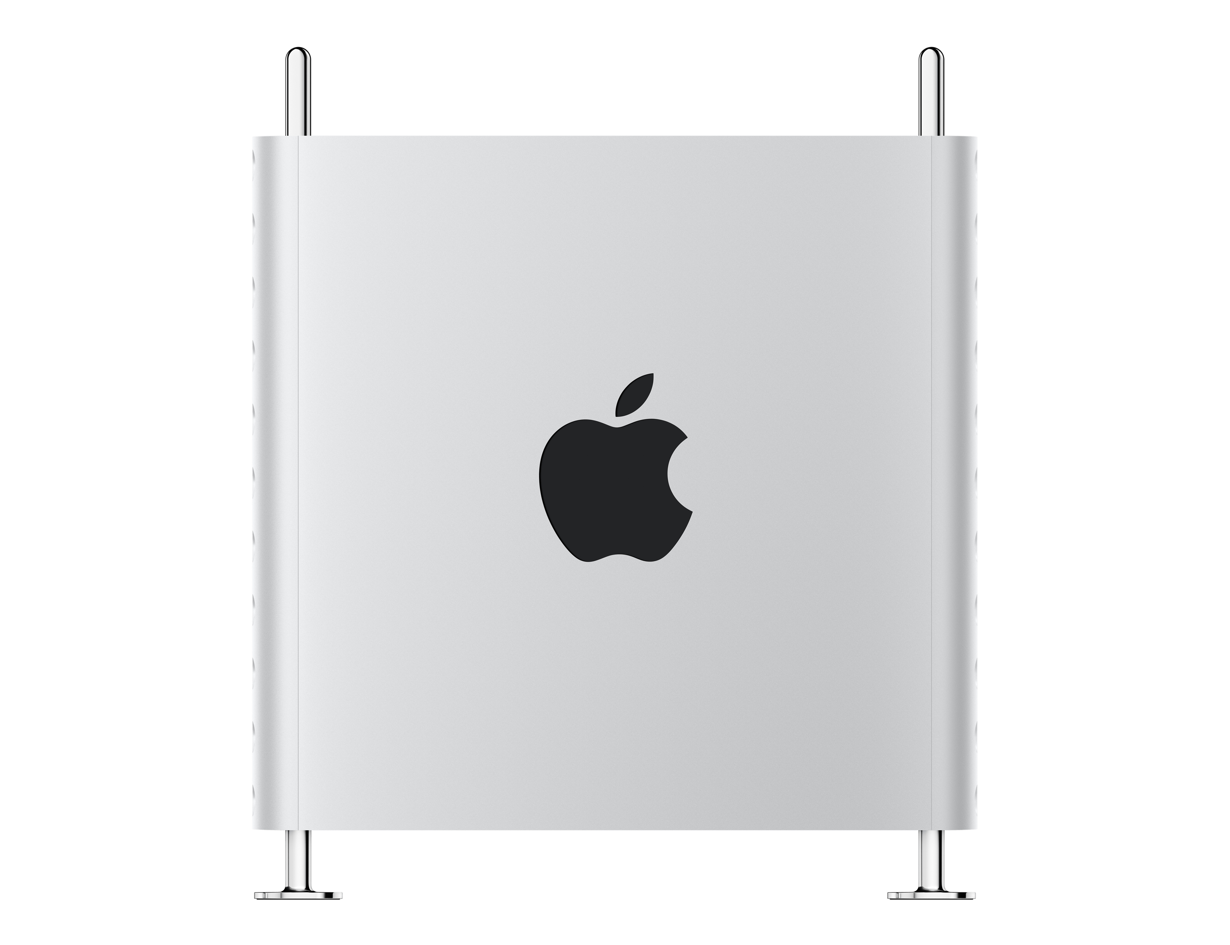 Torre de computadora Apple Mac Pro plateada con logo Apple negro.