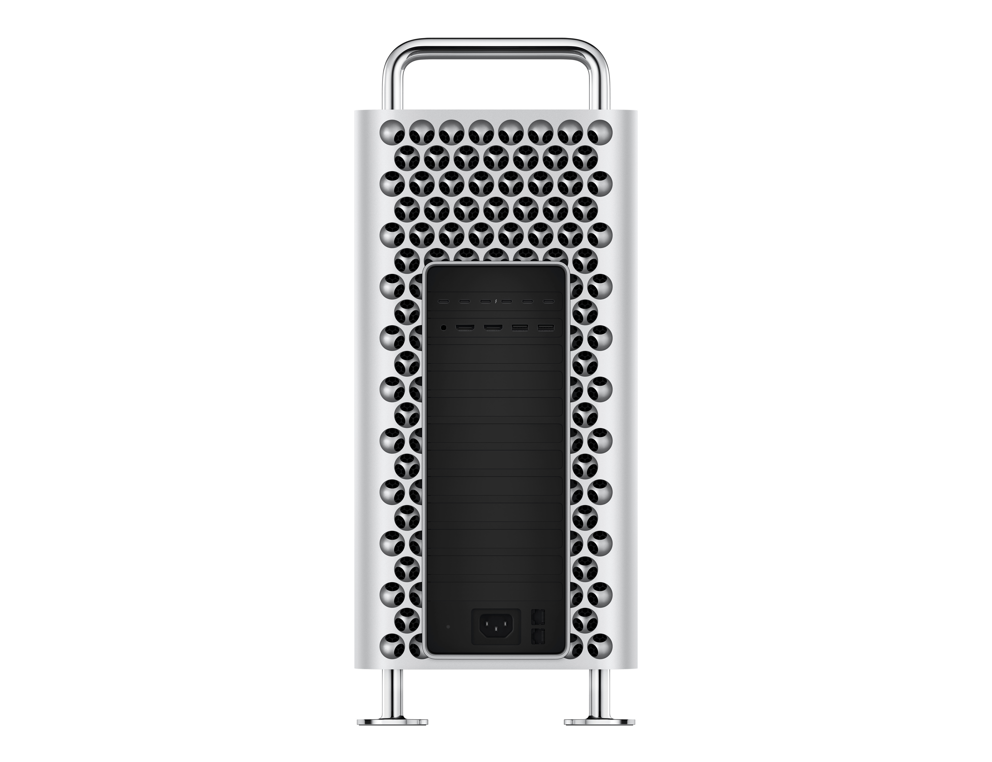 Torre de computadora plateada con perforaciones y asa. La parte trasera tiene puertos y un enchufe.