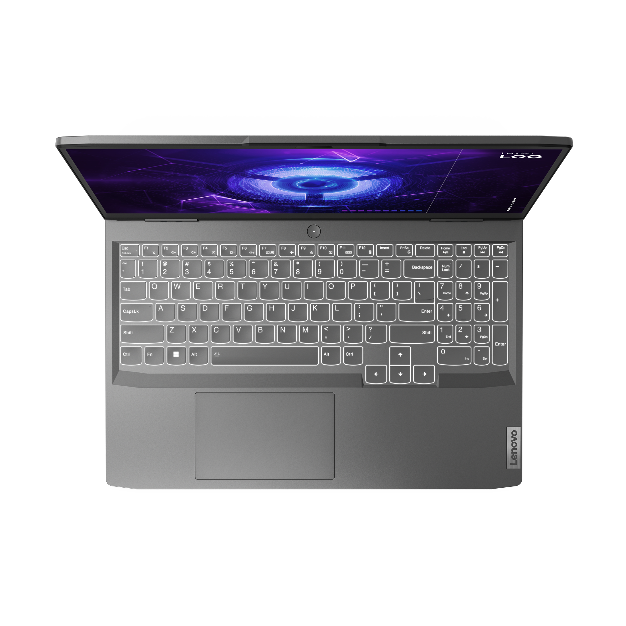 Portátil, vista superior, abierto. Teclado, panel táctil y pantalla mostrando un diseño futurista.