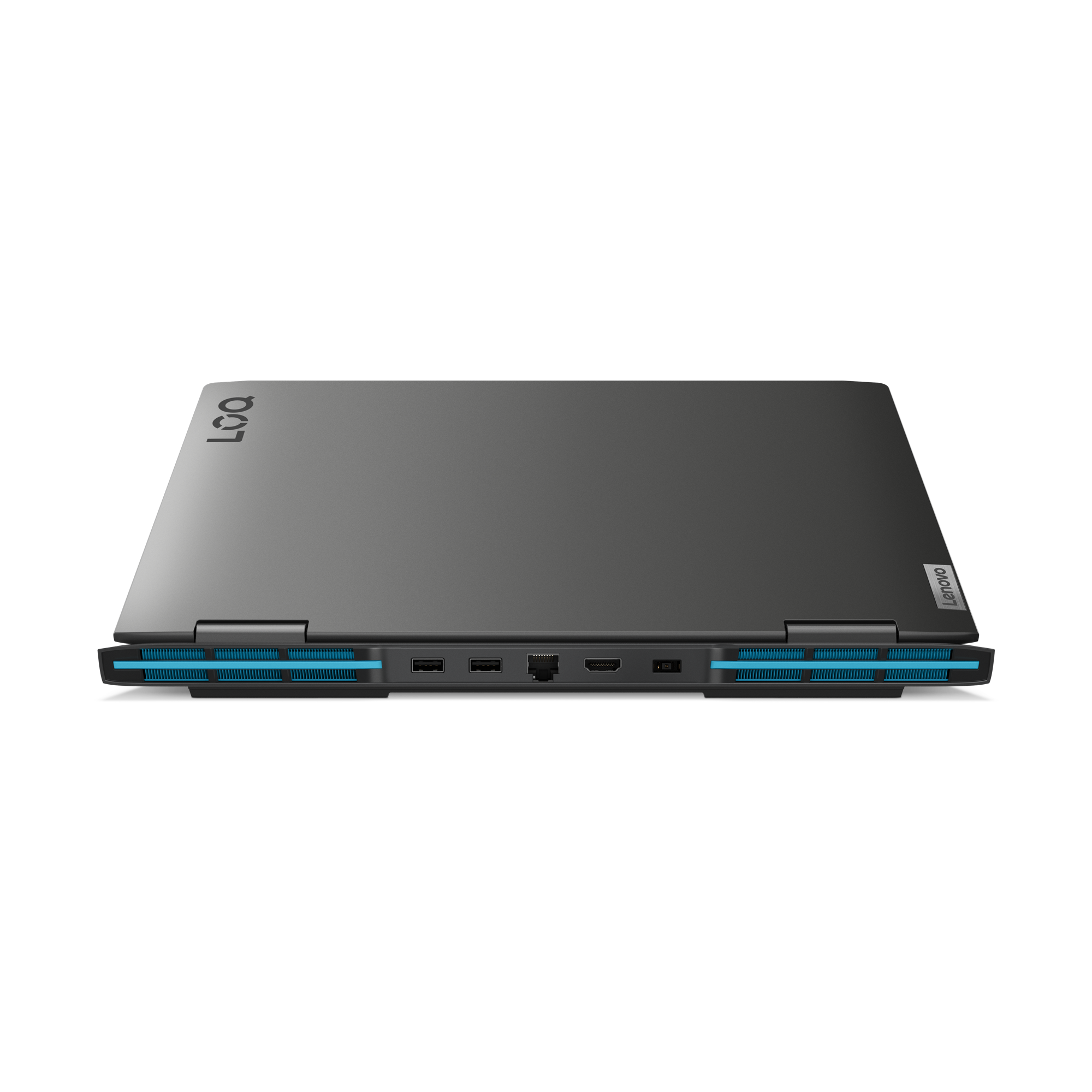 Una laptop negra, cerrada. La parte superior muestra el logo de Lenovo y una fila de puertos.