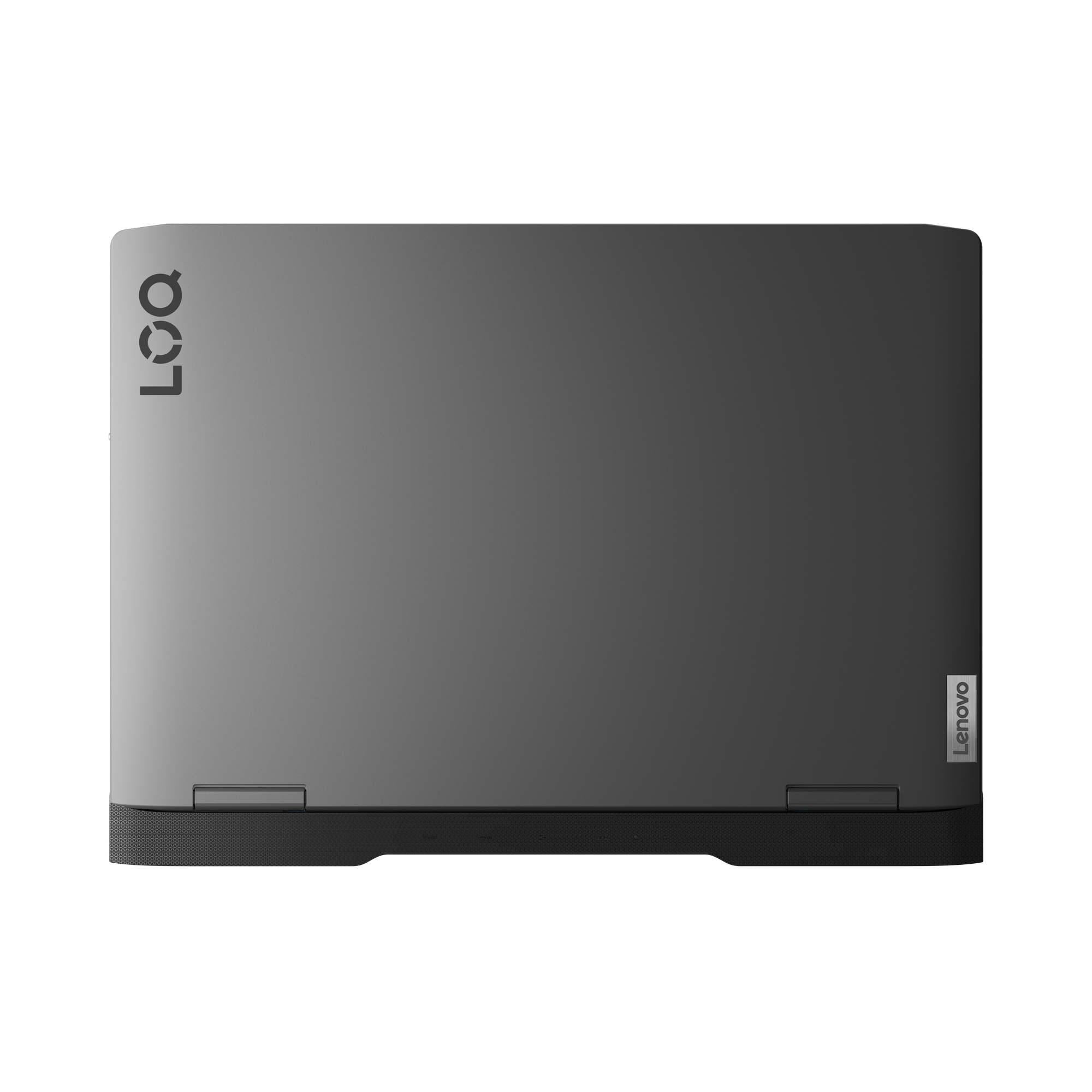 Ordenador portátil gris, vista superior. Logotipo de Lenovo arriba a la izquierda y derecha.