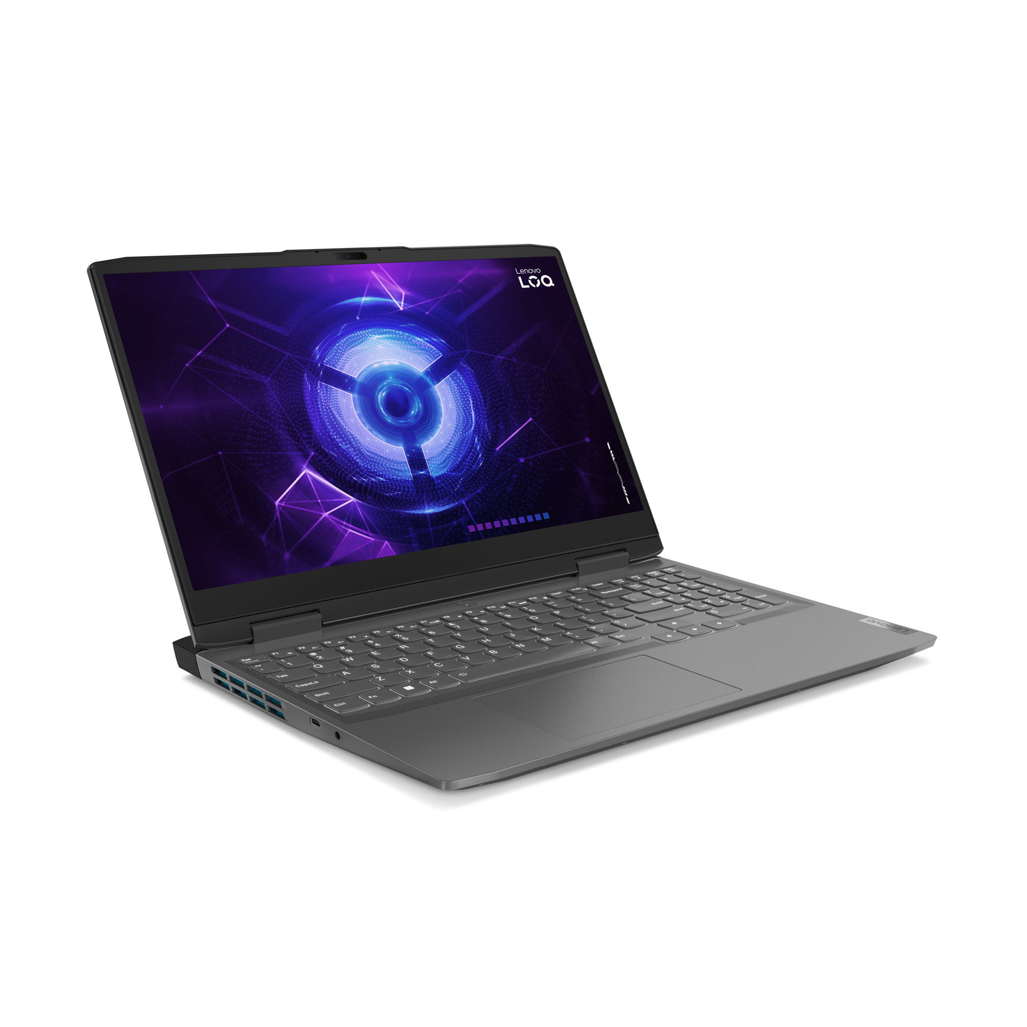 Portátil Lenovo con pantalla abierta con diseño abstracto azul y morado sobre fondo negro.