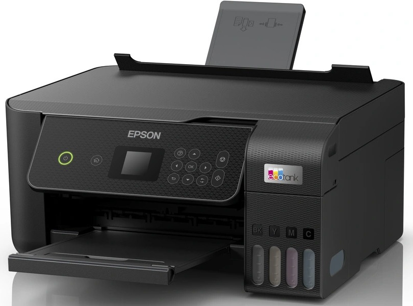 Black Epson printer with opened paper tray and display. The Epson logo is visible.