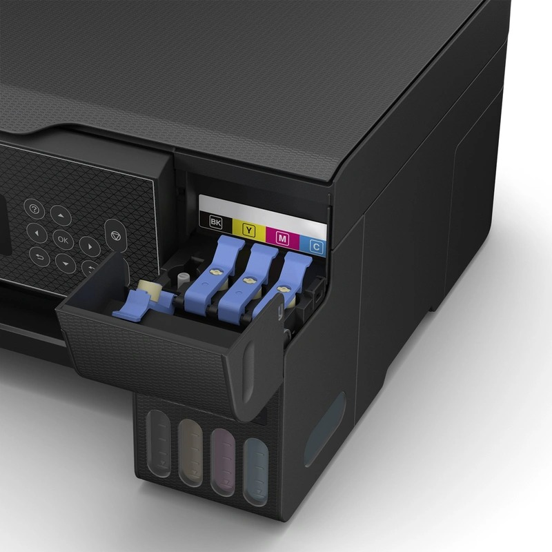 A black printer with ink cartridges visible and color-coded. The printer is open.