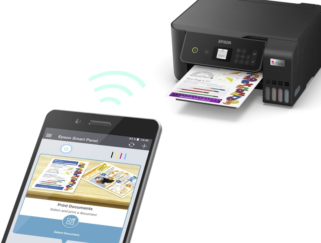 Printer printing documents, connected to a smartphone. Wireless signal arcs are visible.