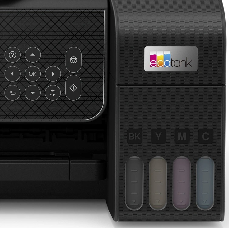 Black Epson ecotank printer. Features buttons, ink tanks with color labels.